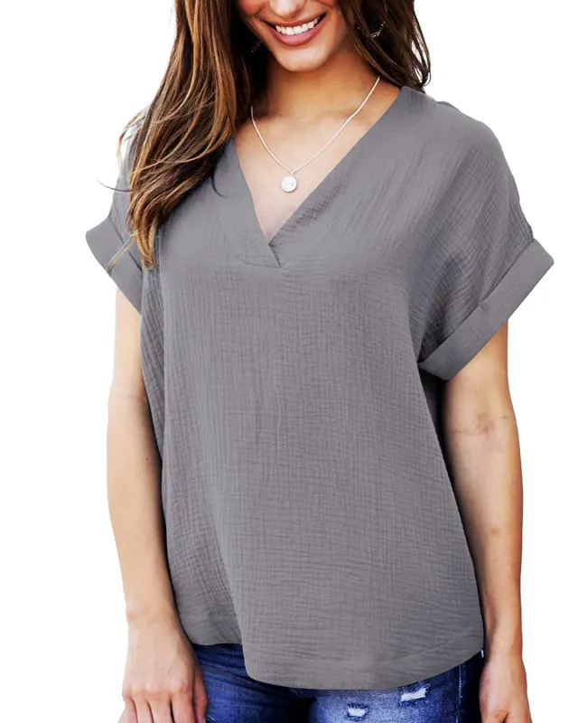 Short Sleeve V Neck Loose Shirt Solid Color Casual Top Women Grey - Shop at LoveMi