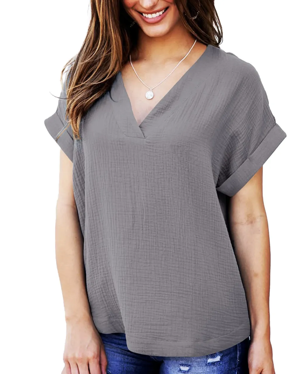 Short Sleeve V Neck Loose Shirt Solid Color Casual Top Women - Grey