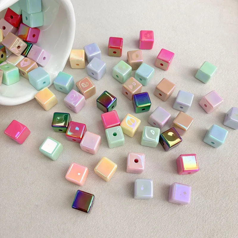 UV Plated Acrylic Cube Beads, Iridescent Square