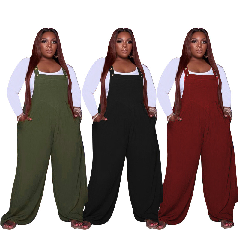 Plus Size Women’s Solid Color Overalls Two-piece Set