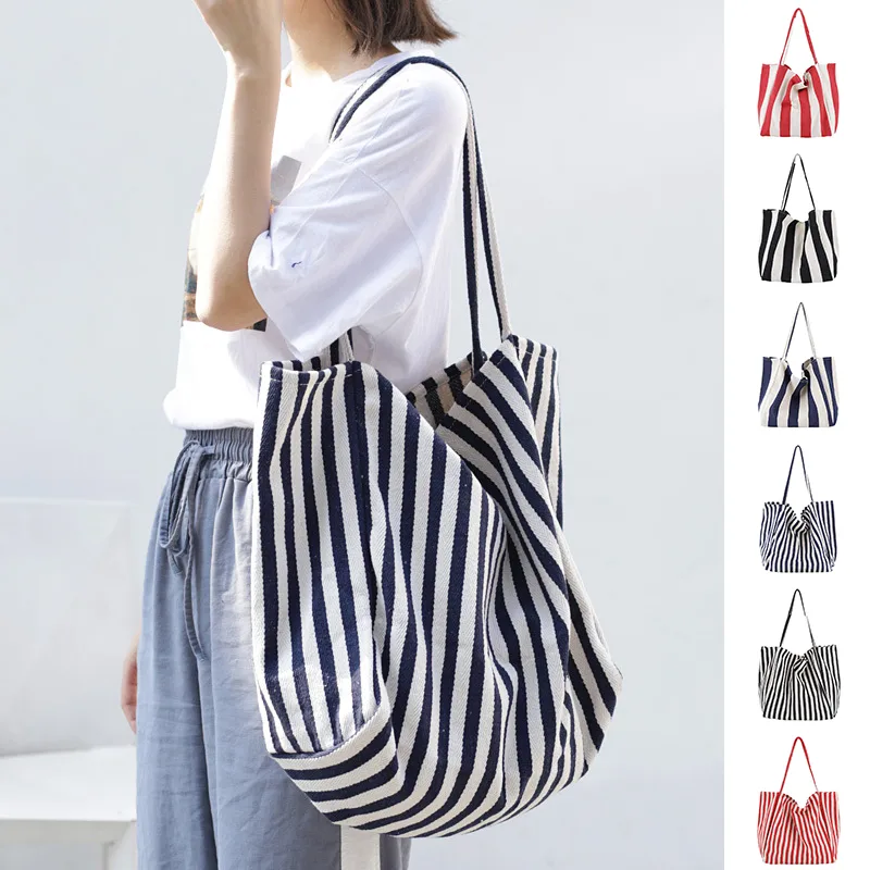 Striped Canvas Bags High Capacity Shoulder for Women Fashion