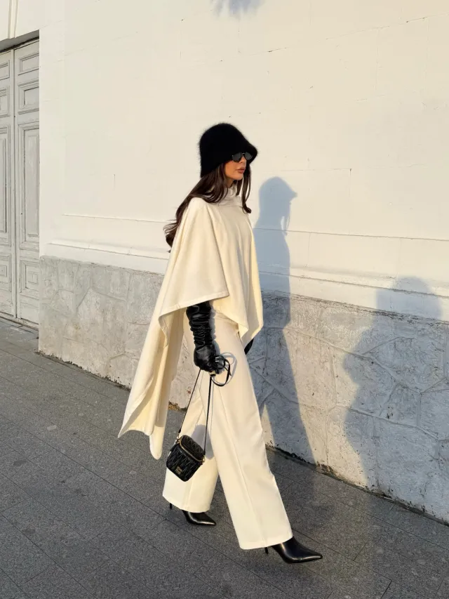 Solid Color Knitted Turtleneck Cape White - Shop at LoveMi