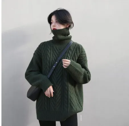 Korean Version Of The High Neck Twist Jumper Female Vintage Army Green - Shop at LoveMi