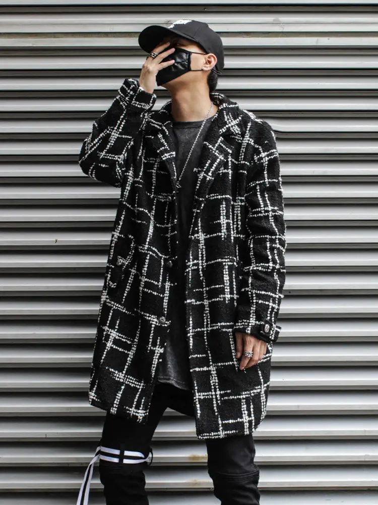 Black Plaid Mid-length Woolen Woven Coat For Couples