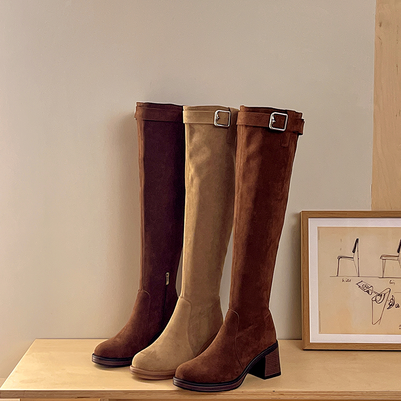 Women V-Cuff Slouch Boots, Round Toe Block Heel Knee-High Boots, Slim Fit Over-Calf Long Boots For Autumn & Winter New Arrival