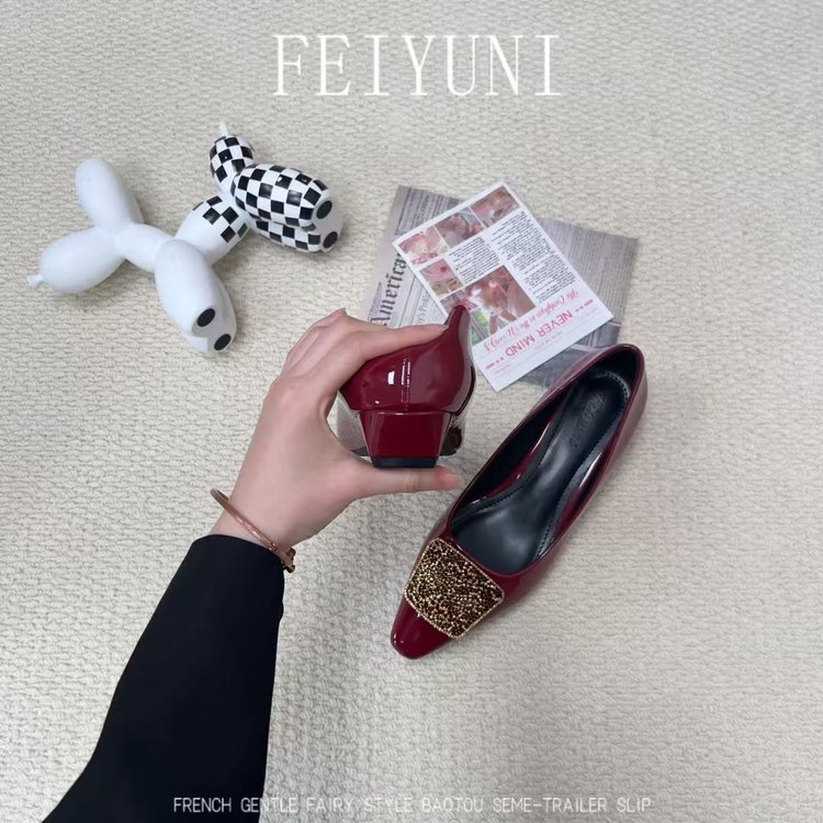 Mid Block Heel Women's Shoes, French Style Rhinestone Metal Buckle Slipon Shallow Mouth Lightweight Pumps For Spring And Autumn 2