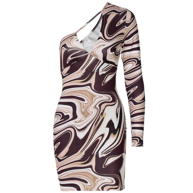 One Shoulder Long Sleeved Water Ripple Printed Buttock Wrap Dress Brown - Shop at LoveMi