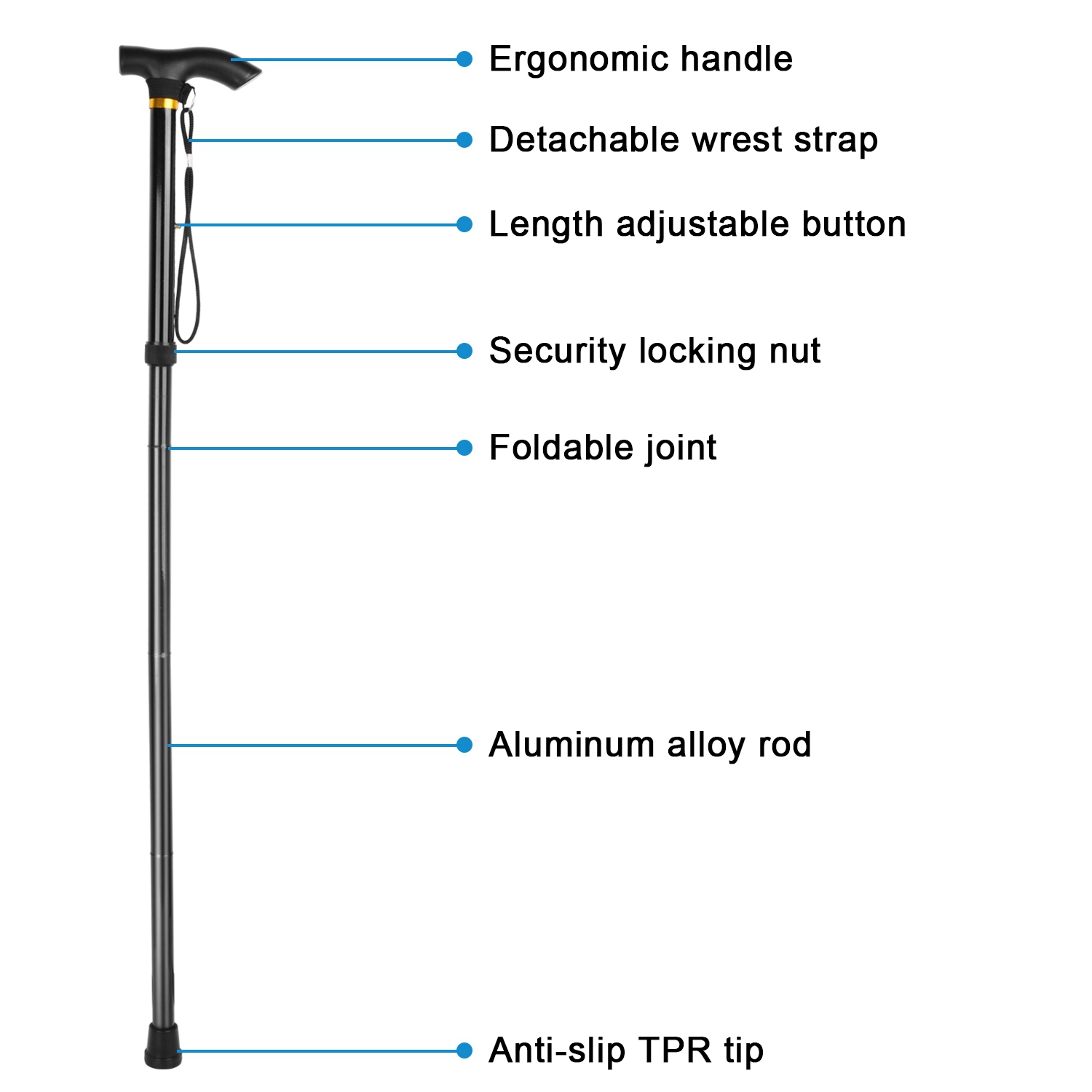 1Pc  Walking Cane Aluminum Alloy Walking Stick Adjustable Folding Travel Hiking Stick Antislip