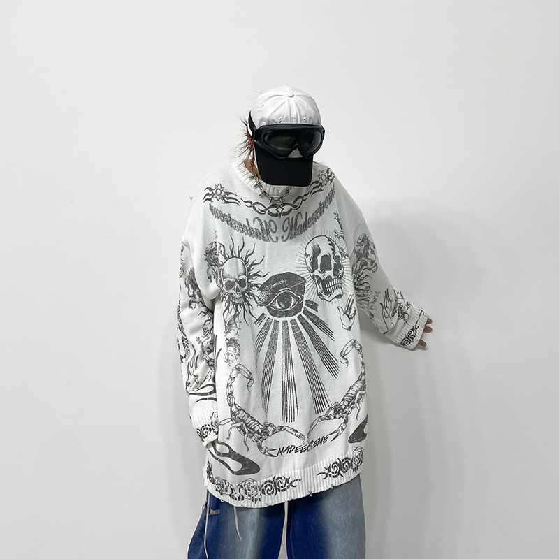 Dark Street Culture Skull Print Knitted Sweater For Fall Winter 