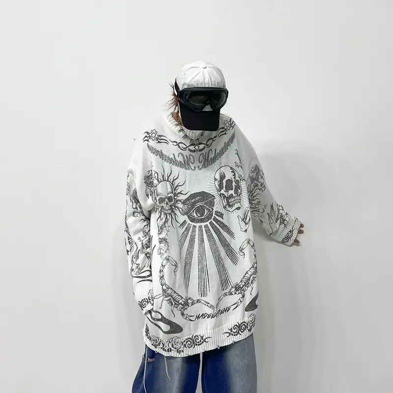 Dark Street Culture Skull Print Knitted Sweater For Fall Winter