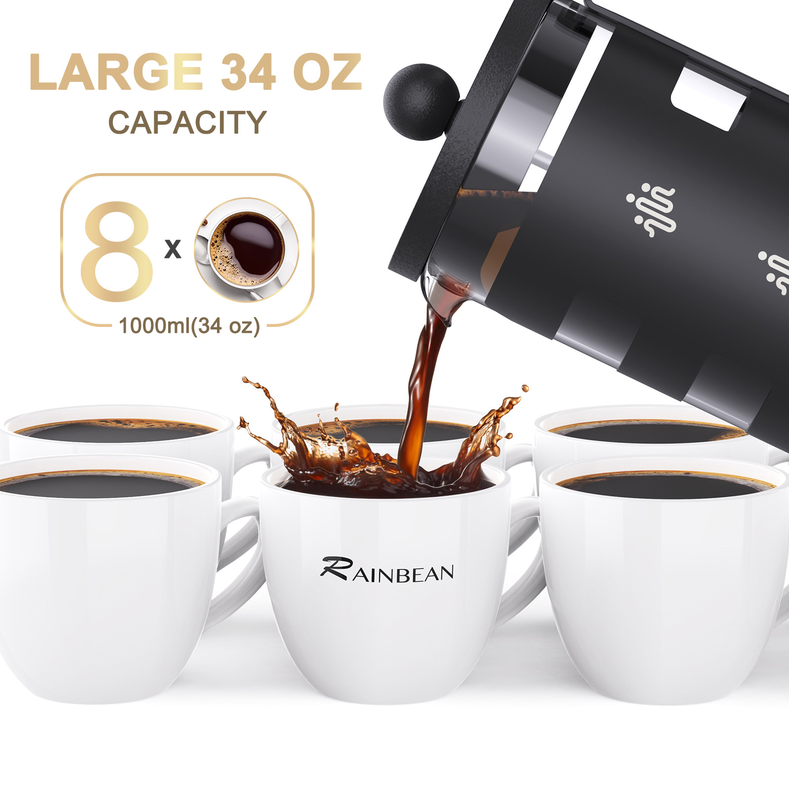 RAINBEAN French Press Coffee Maker - Heat Resistant Glass. FRIENDLY COFFEE MAKER: Unique design with HUMAN-SHAPED logo, means sharing happiness with family and friends! 350ml/12 ounces french press makes 2-3 cups of coffee could enjoy, you could brew deli