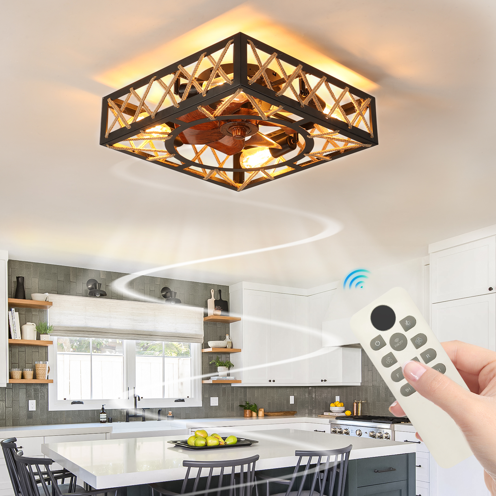 Farmhouse Rustic Ceiling Fan And Remote Control,Square Caged Industrial Ceiling Fixture With 6 Speeds & Noiseless DC Motor For Kitchen Dining Room Living Room Bedroom
