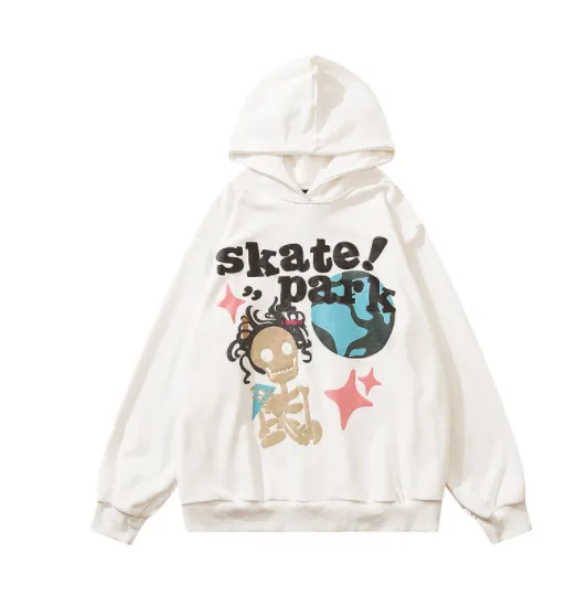Hip Hop Cartoon Foam Print Retro High Street Hoodie White - Shop at LoveMi