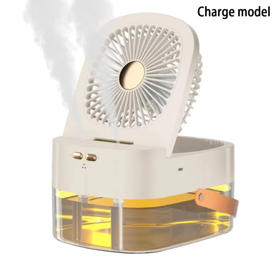 Green White USB Fan 3 Speed Rechargeable & Plug-in Foldable Fan With Humidification Spray Night Light Remote Control Timer