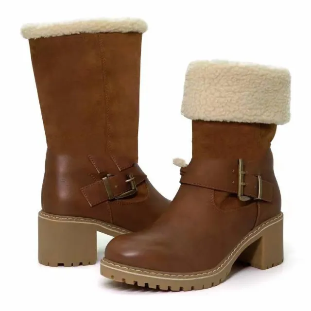 New Women's Low Barrel Pure Color Velvet Cotton Warm Belt Buckle Snow Boots Khaki - Shop at LoveMi