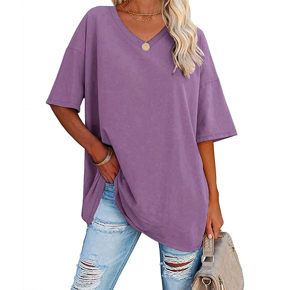 European And American Women's Loose Short sleeved V neck T shirt Purple - Shop at LoveMi