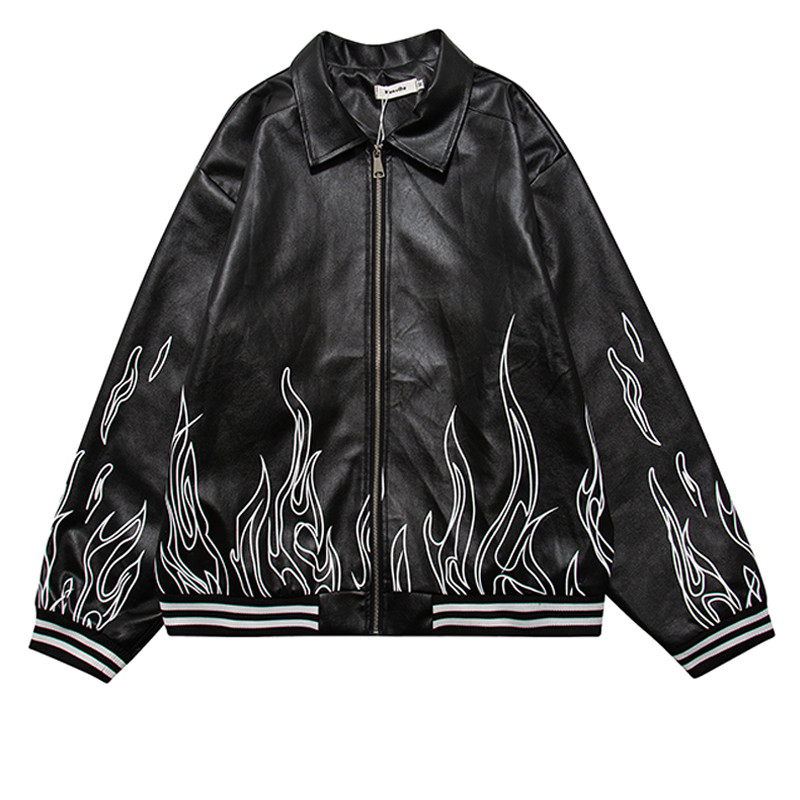 Embroidered Flame Leather Jacket Tide Brand Retro Loose