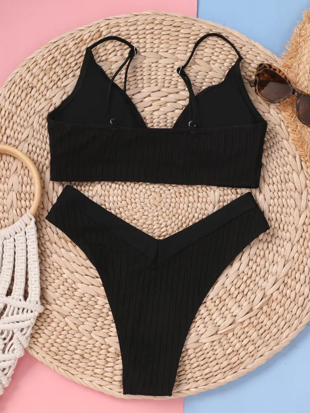 New Solid Color Pit Strip Stitching Edging V Shaped Pants Sexy Bikini Black - Shop at LoveMi