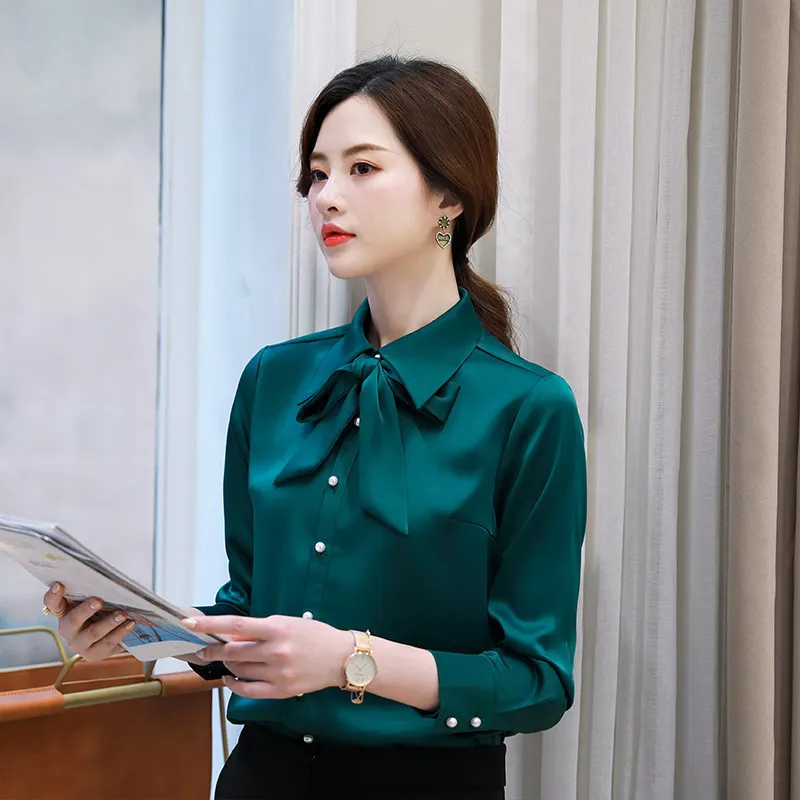 Lapel Career Solid Color Fashion Shirt Female - Green Shirt And Ribbon