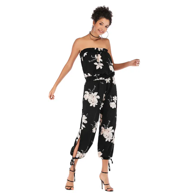 Fleece Trousers Sexy Casual Chiffon Print One Piece Neck Jumpsuit Women Black - Shop at LoveMi