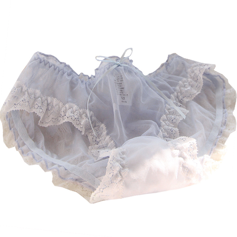 Title 4, Blue Lace Girly Bow Mid-waist Mesh Gauze Briefs