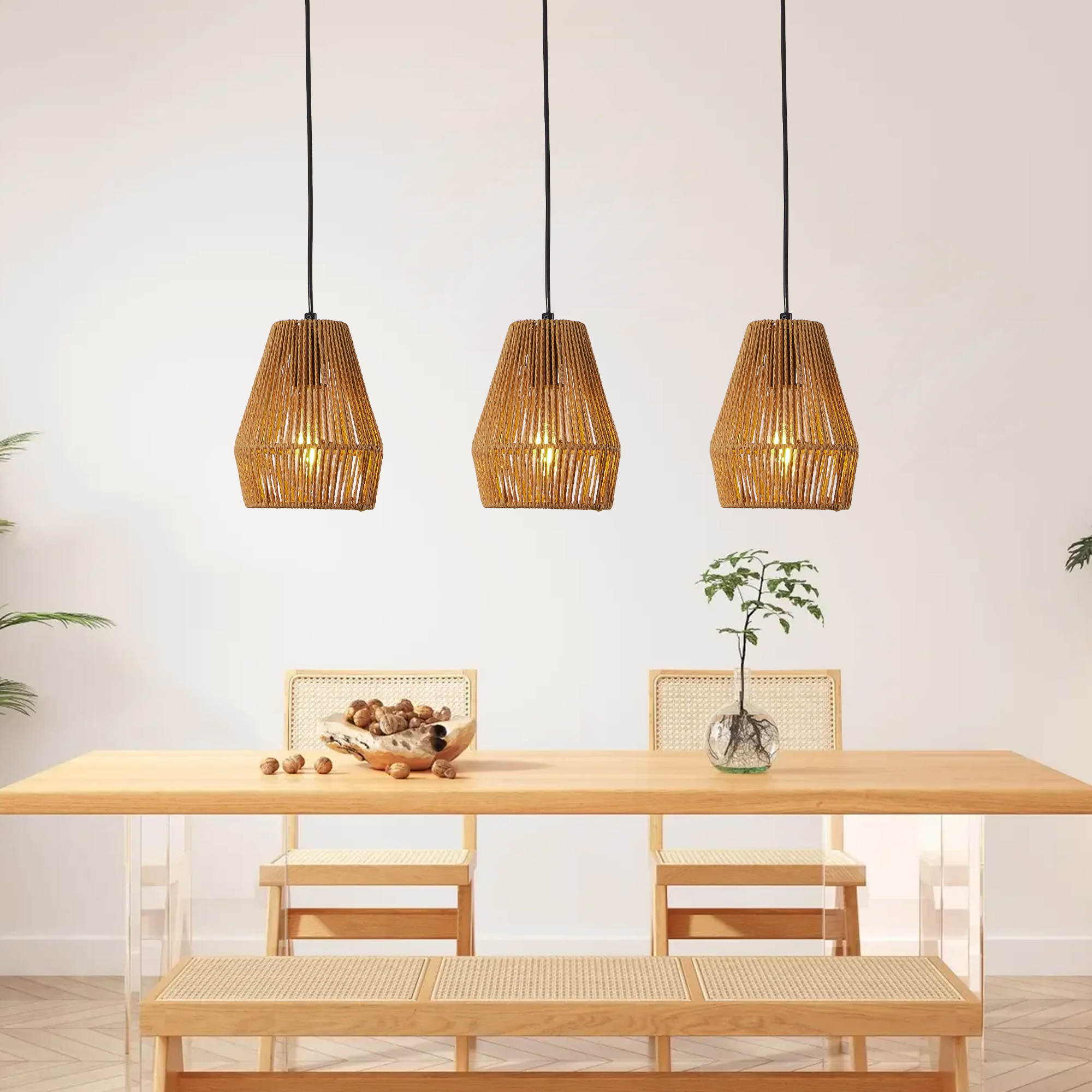 7inch Set Of 3 Rustic Hemp Rope Pendant Light, Handcrafted Farmhouse Hanging Light Fixture, Adjustable Height Ceiling Lamp For Kitchen Island, Dining Room,Or Living Room, Natural Woven Design