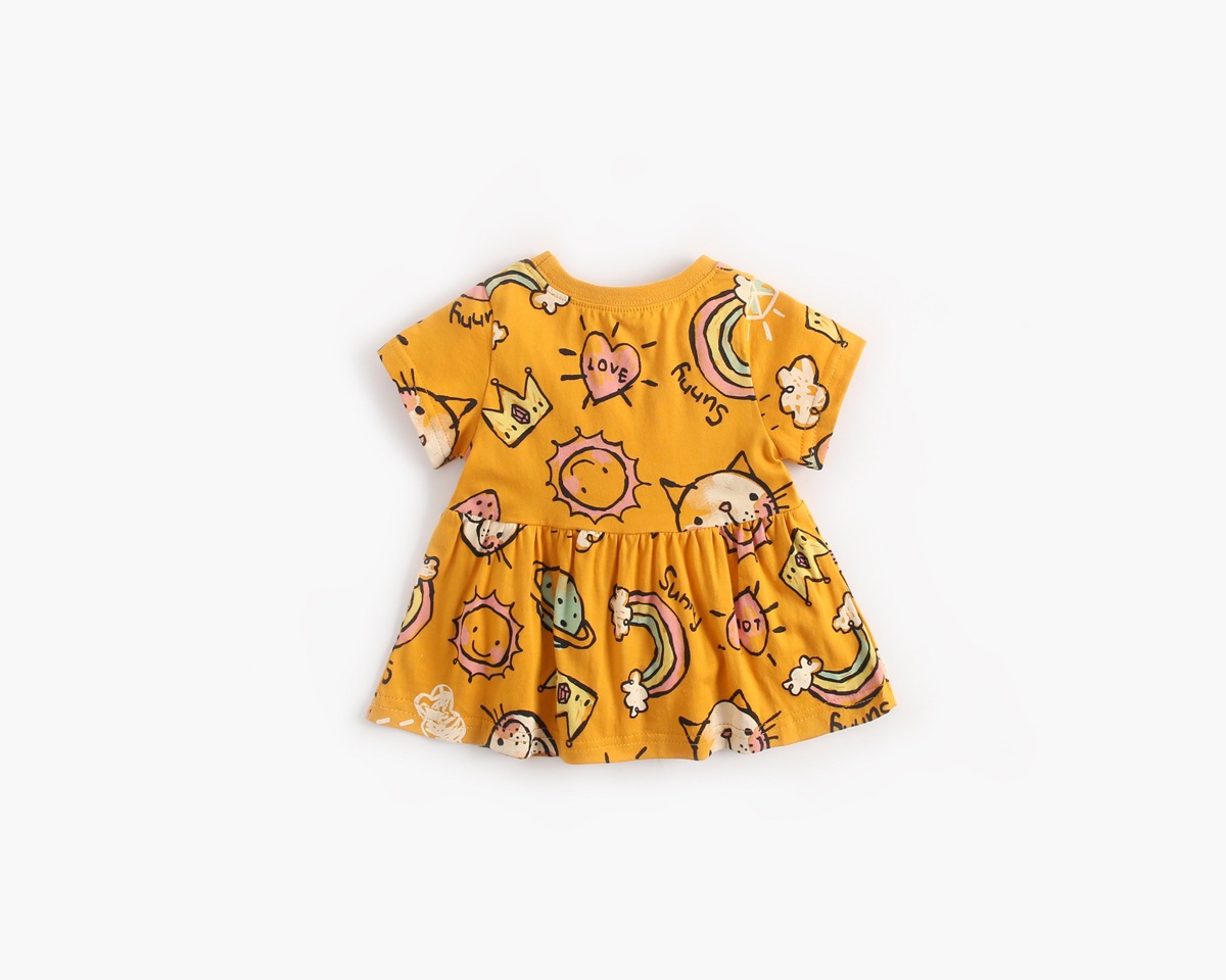 Girls' Dress With Cartoon Printed Summer Short Sleeves