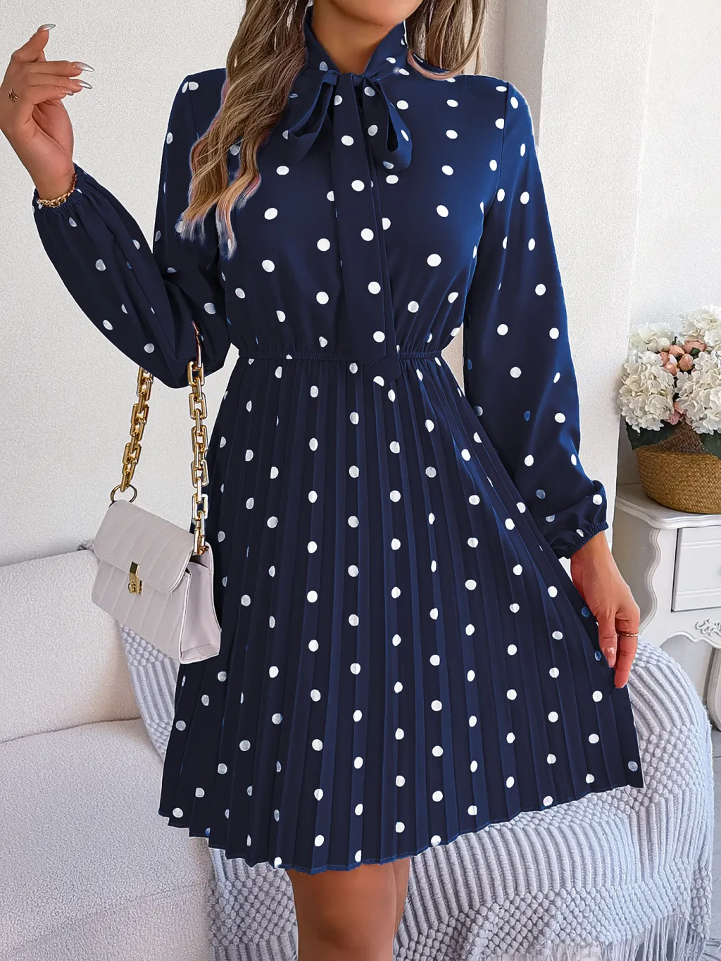Women's Polka Dot Tie-Waist Long Sleeve Pleated Maxi Dress - Blue