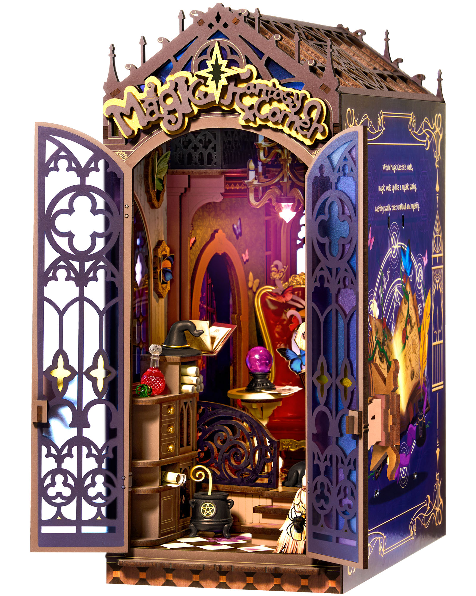 Rolife Magical Fantasy Corner Bookend DIY Set - 3D Wooden Miniature House, 3D Puzzle With Interactive LED Lights, 185 Pieces, Teen & Adult Bookshelf Decoration Gift
