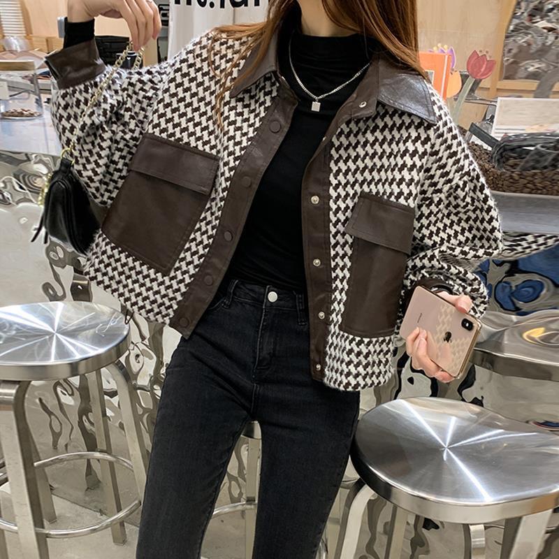Thousand Bird Check Coat Women's Short Loose Splicing Jacket