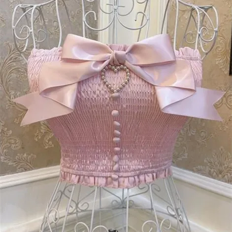 Retro Sweet Princess Bow Love Pearl Short Top Pink - Shop at LoveMi