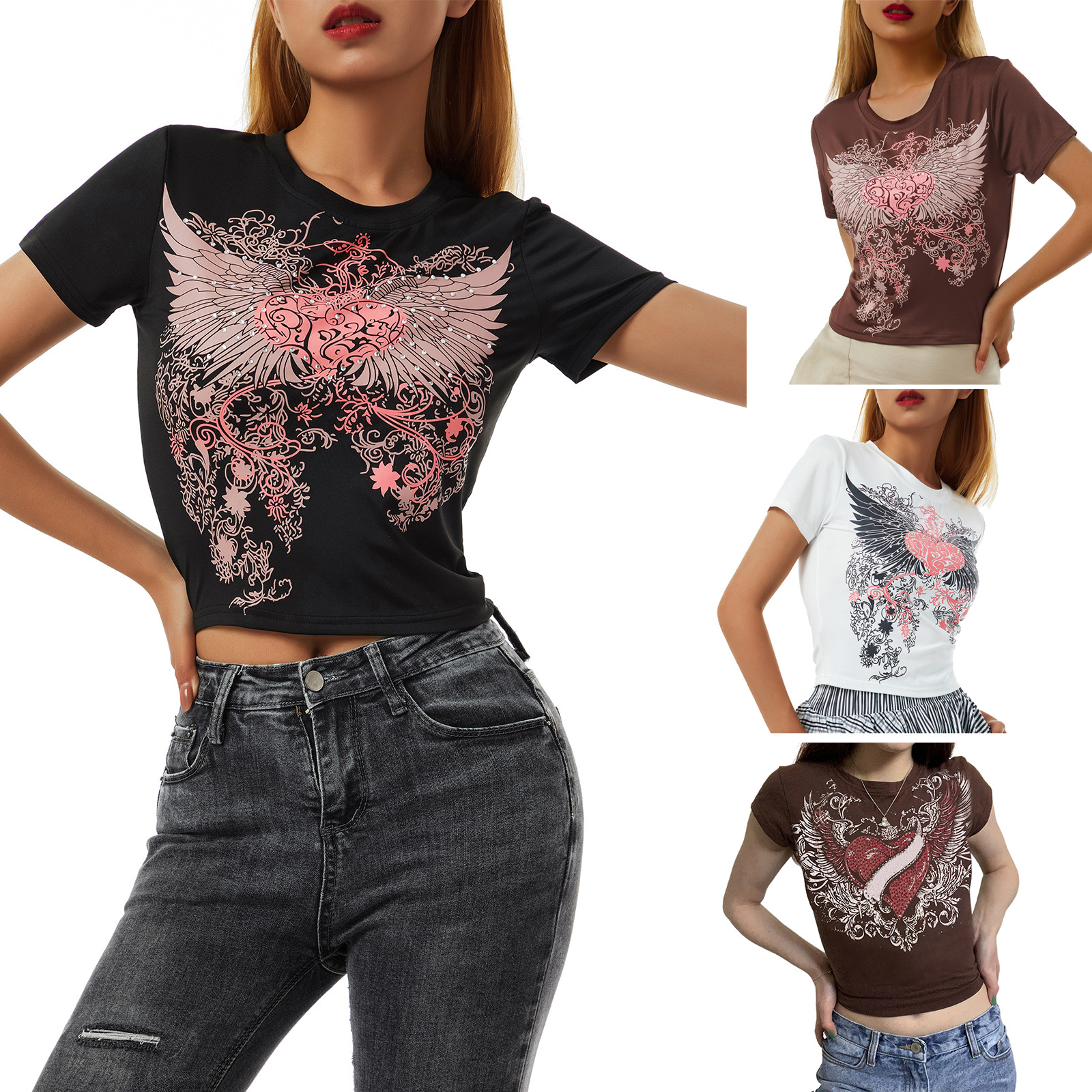 Round Neck Short Sleeve Top Temperament Pullover Slim Fit T-Shirt