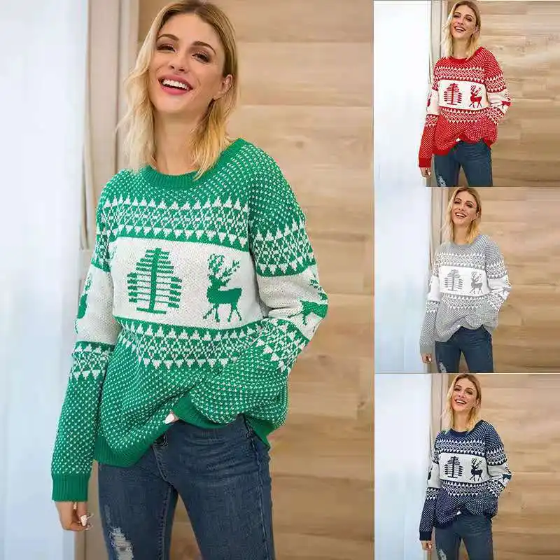 Christmas Sweater Cute Elk Geometric Print Knitted Woemen Winter