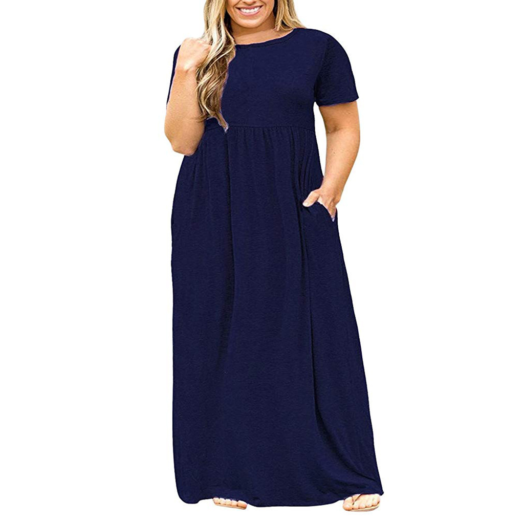 Short Sleeve Round Neck Solid Color Dress Navy - Shop at LoveMi