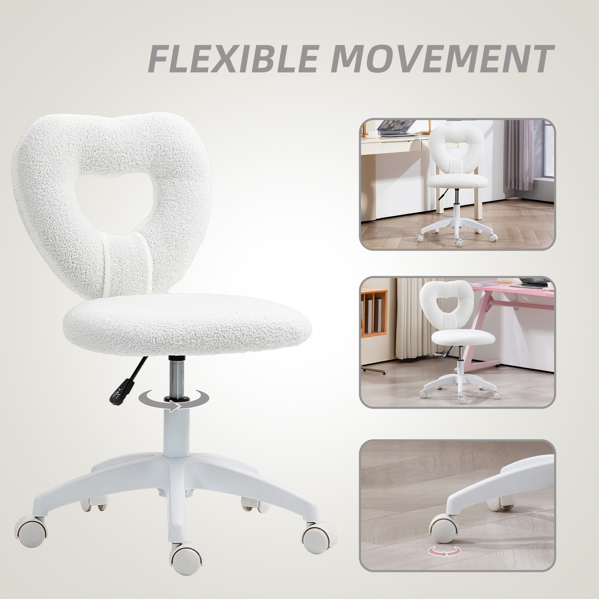 Armless Heart-shaped Computer Desk And Chair, Teddy Velvet Rotating Office — image 3