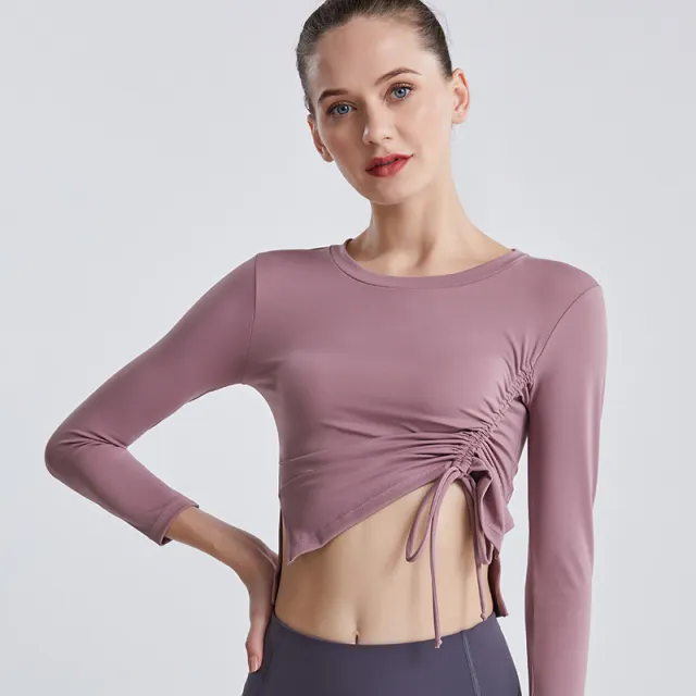 Slimming Bow Drawstring Skinny Long Sleeve Top Lilac Purple - Shop at LoveMi