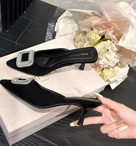 Women's Velvet Pointed Toe Mules With Rhinestone Buckle, Slip-on Stiletto Heels For Party & Daily Wear