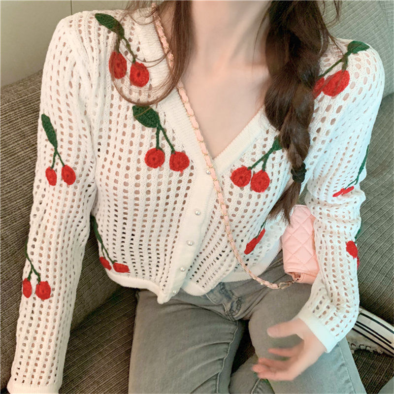 Title 4, Hollow Sweet V Neck Long Sleeved Knitted Cardig...