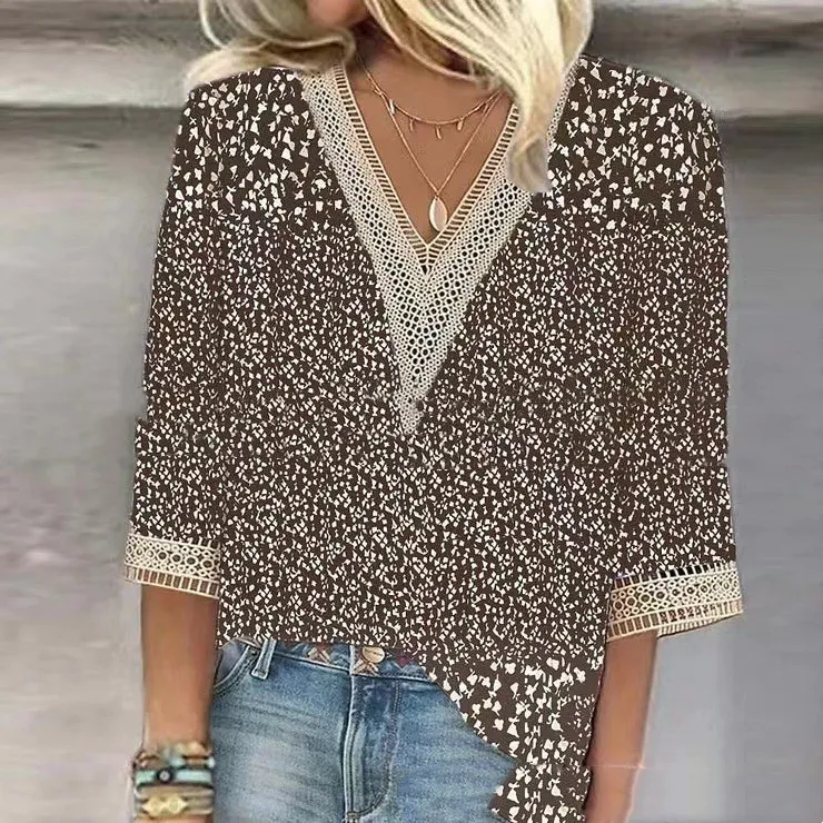Flower Loose Casual Lace V-neck Shirt - Brown
