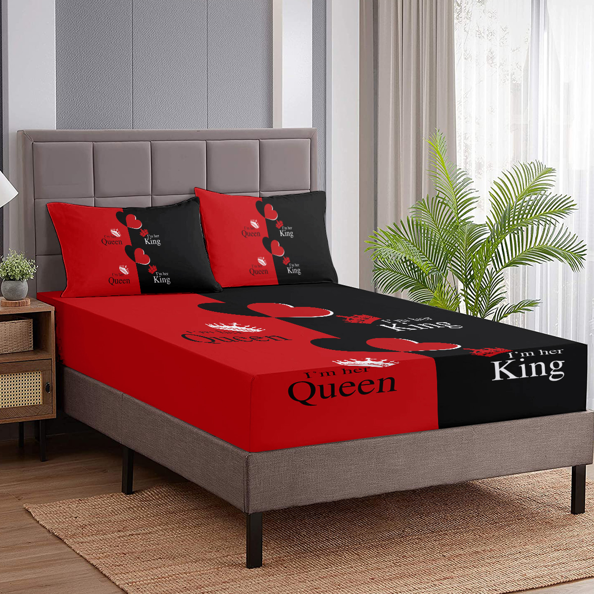 Romantic Hearts Love King And Queen Crown Bedding Set,3 Pieces Couple Fitted Sheet With 2 Pillowcases