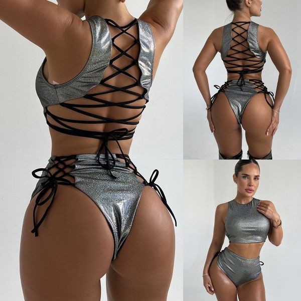 Title 4, Backless Strap Cutout Bikini Glitter Two-piece ...