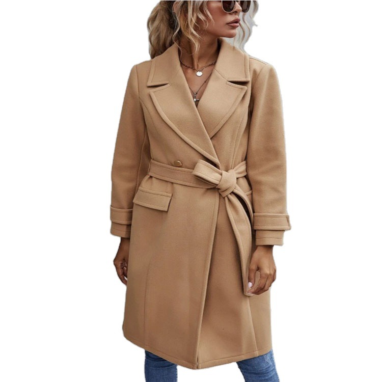 Capable And Fashionable Temperament Lapel Tie-up Slim Mid-length Casual Cashmere Coat Jacket