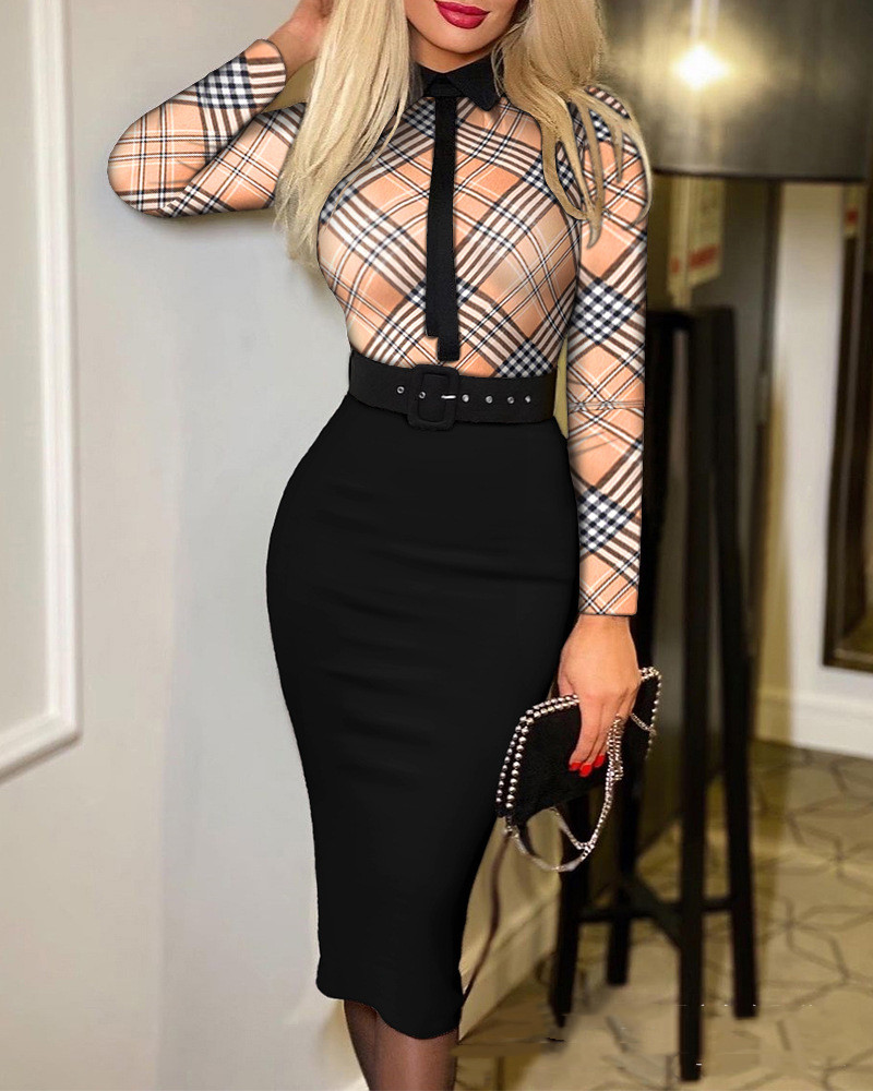 Women's New Style Printed Long-sleeved Waist Dress With Tie And Belt - 9