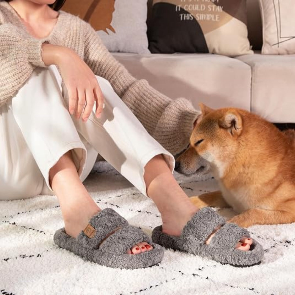 Women's Fuzzy Open-Toe Slippers, Memory Foam Indoor House Shoes Size 7-8 4