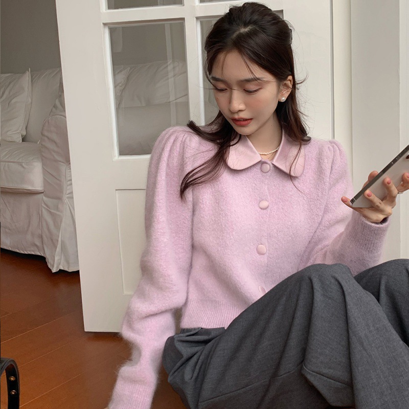 Retro French Elegant Silk Stitching Doll Collar Dehaired Angora Cardigan Sweater Coat For Women