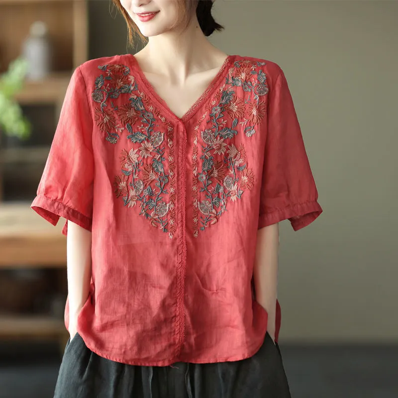 Retro Art Heavy Industry Embroidered Cotton And Hemp Top For Women - Retro Red