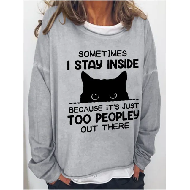Black Cat English Round Neck Long sleeved Pullover Top Grey - Shop at LoveMi