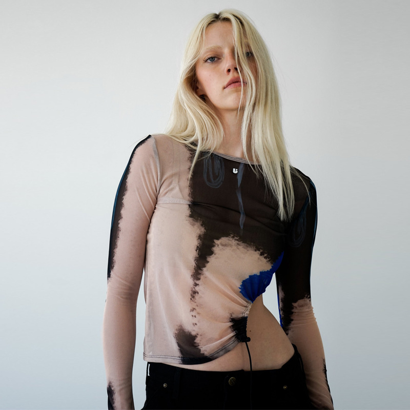 New Women's Fashion Round Neck Long Sleeve Sexy See-through Hollow Printing T-shirt For Women