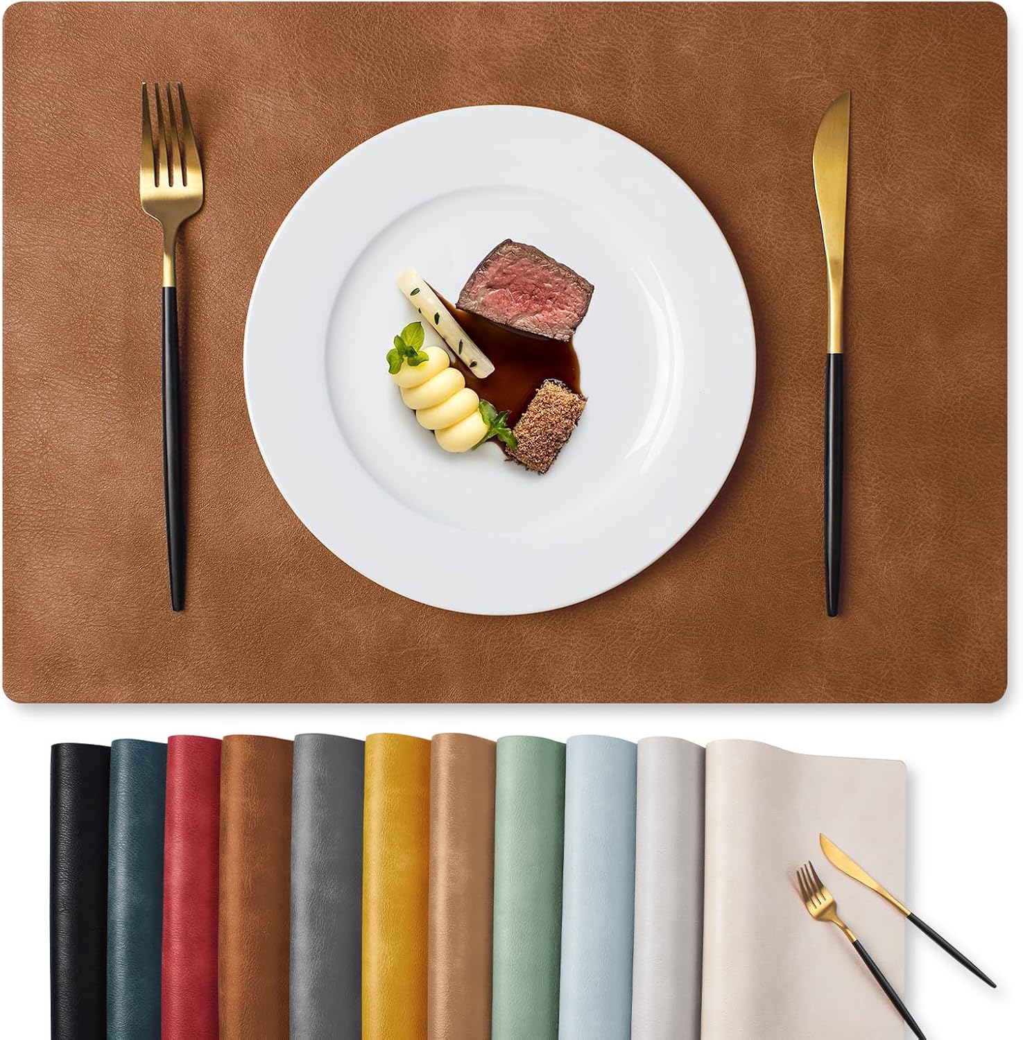 Faux Leather Placemats 6 PCS, Reddish Brown Vinyl Dining Table Mats For Kitchen, Dining Room And Home Table Decor