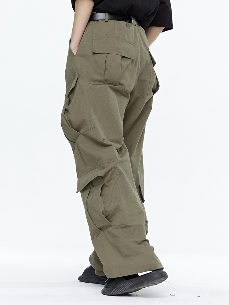 Wide-Leg Straight Leg American Army Green Multi-pocket Cargo Pants